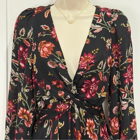 A.L.C Annette Mini Dress Silk Floral Long Sleeve V Neck Twist Front Black Size 2 - Picture 7 of 14